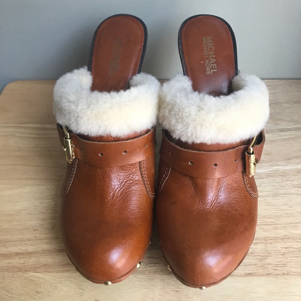 Michael Kors Brown Leather Faux Fur Studded Mules Platform Heels Size: US 11 M